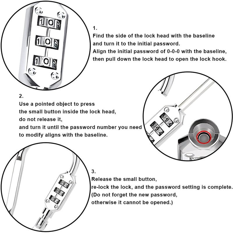 Kigauru D Shaped Code Lock Aluminum Carabiner Multifunctional Black Lock Carabiners with Spring Rope for Looped Bike Security Cable Lock Fence Lock Outdoor Lock