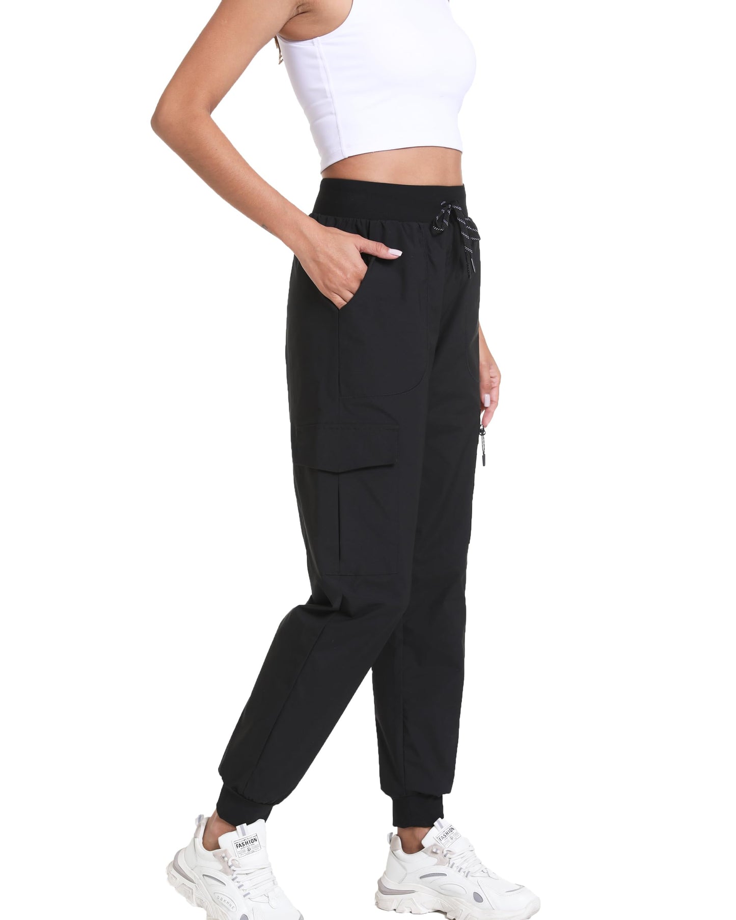 Womens Hiking Pants Water Resistant - Cargo Joggers for Women with Pockets Lightweight Quick Dry Travel Camping Pants(Tapered Black, Medium)