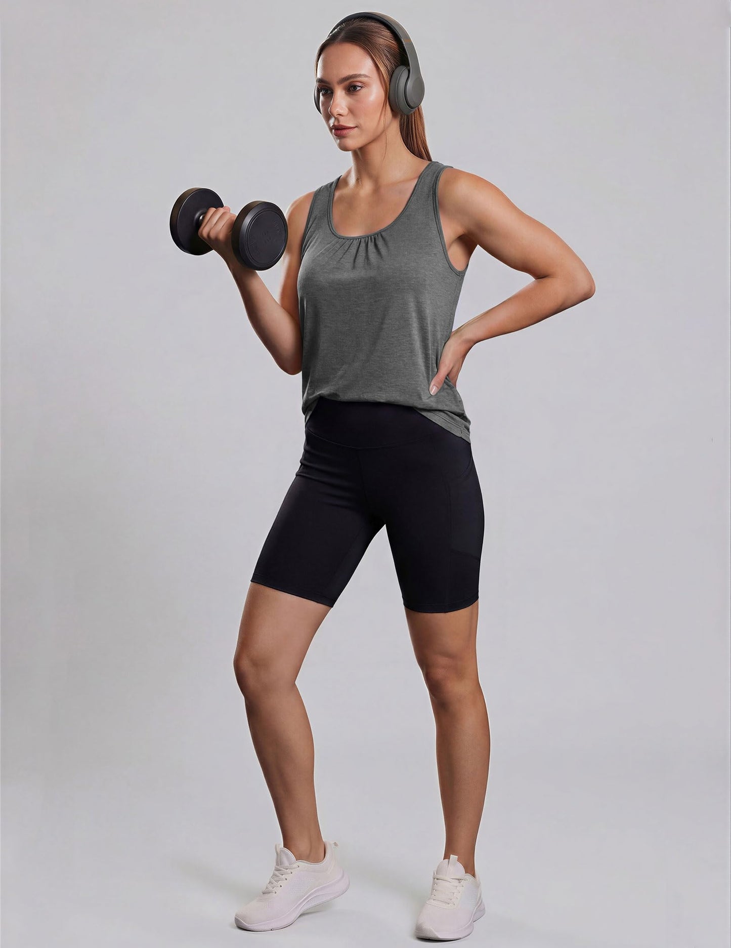 PINSPARK Workout Tank Tops for Women Racerback Yoga Gym Shirts Moisture Wicking Athletic Tops Running Exercise Pilates Outfits,Dark Grey/Khaki L