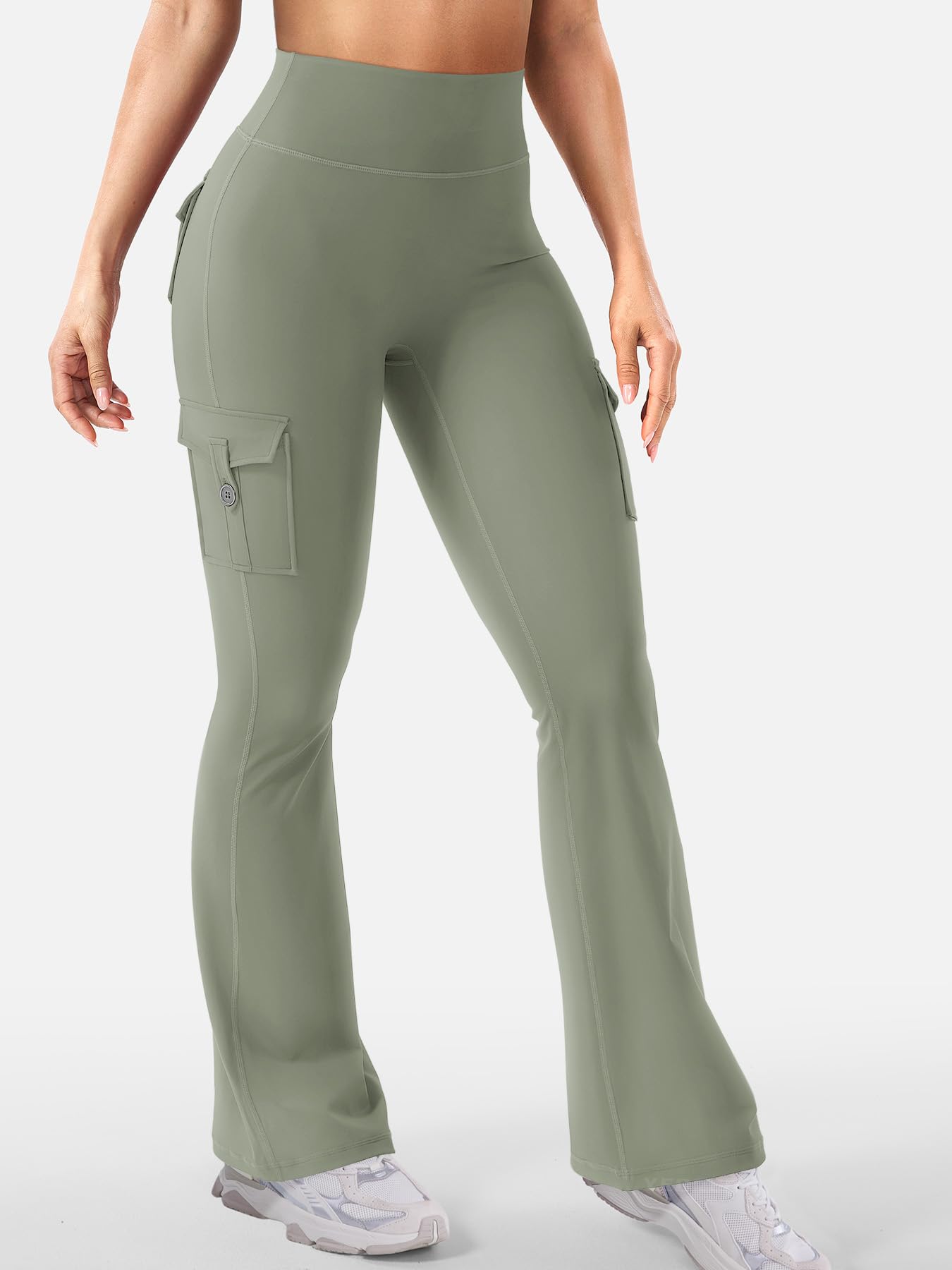 YEOREO CoreFlex Women Workout Flare Leggings with Pockets Hidden Scrunch High Waisted Cargo Gym Yoga No Front Seam Leggings Light Army Green M