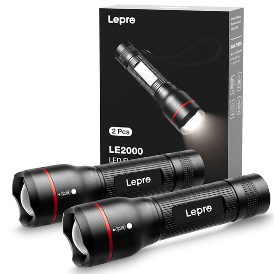 Lepro LED Flashlights LE2000 High Lumen, 5 Lighting Modes, Zoomable, Waterproof, Pocket Size Flashlight for Outdoor, Emergency, Camping Gear, Powered by AAA Battery, 2 Pack