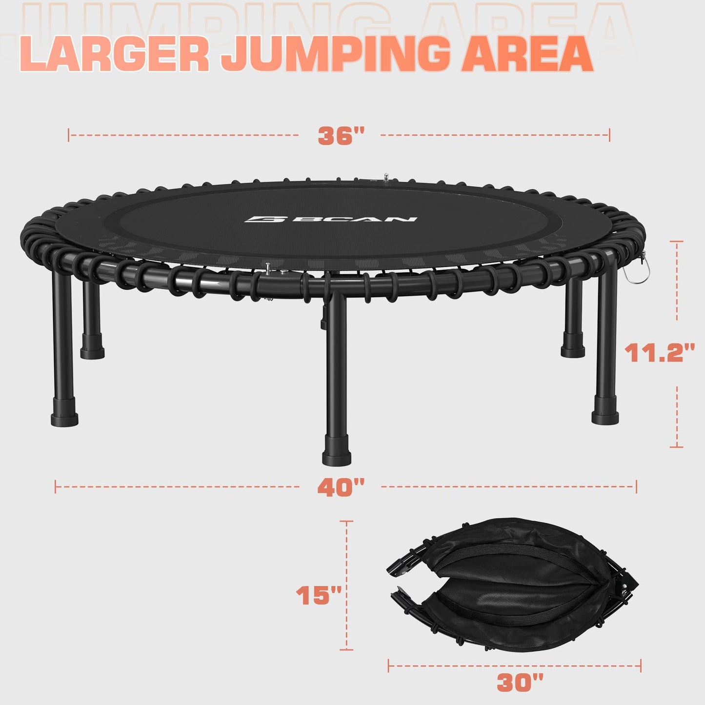 BCAN 450/550LBS Rebounder Trampoline for Adults, 40"/48" Foldable Mini Trampoline with Durable Bungees, Quiet & Stable Exercise Rebounder Trampoline for Indoor/Garden Workout- 40IN-Black