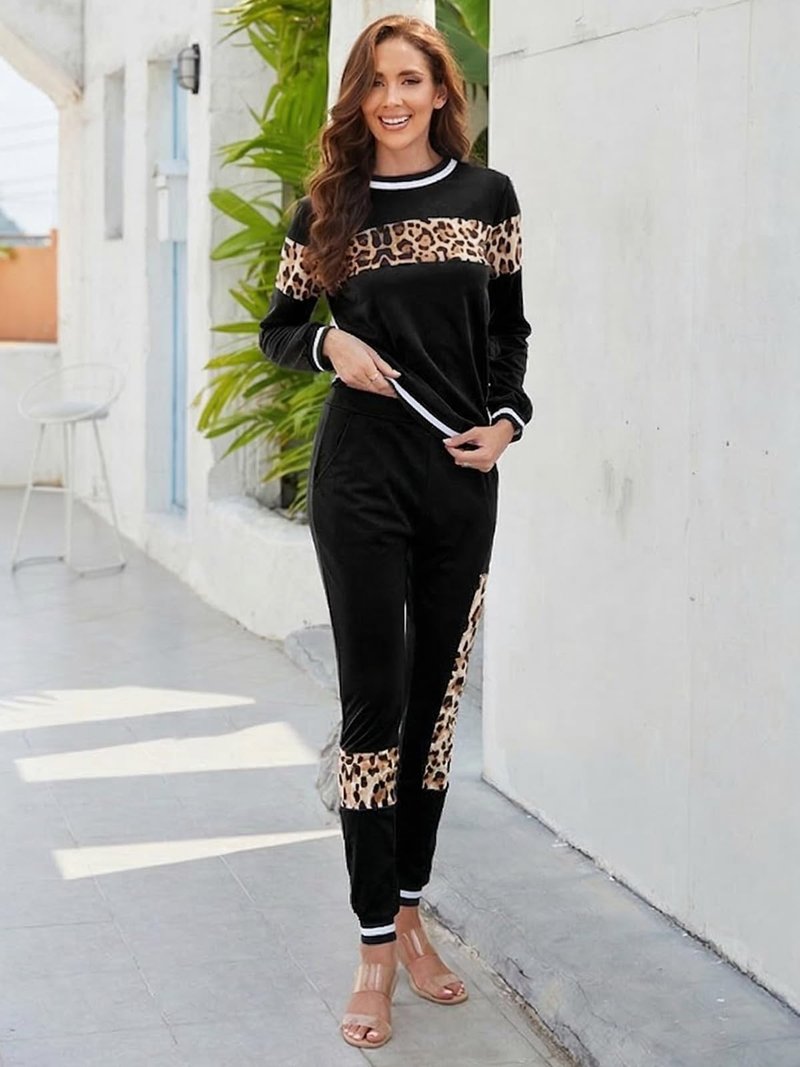 Alunzoem Womens Casual 2 Piece Outfits, Leopard Print Long Sleeve Top Pants Set Tracksuits Black XXL