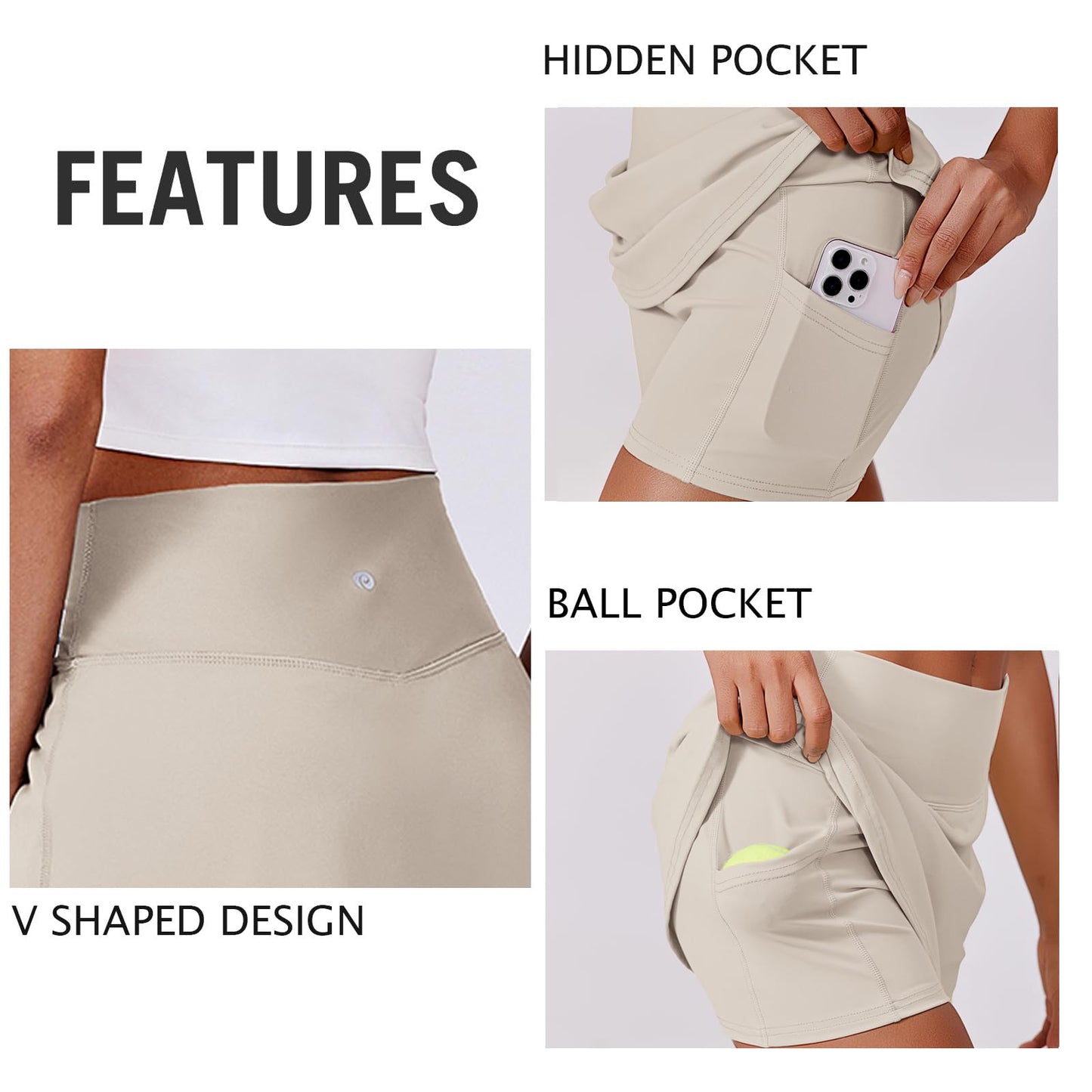 PINSPARK Tennis Skirts for Women Tummy Control Golf Skorts A Line Athletic Skirts with Shorts 2 Pockets, Bone White Small
