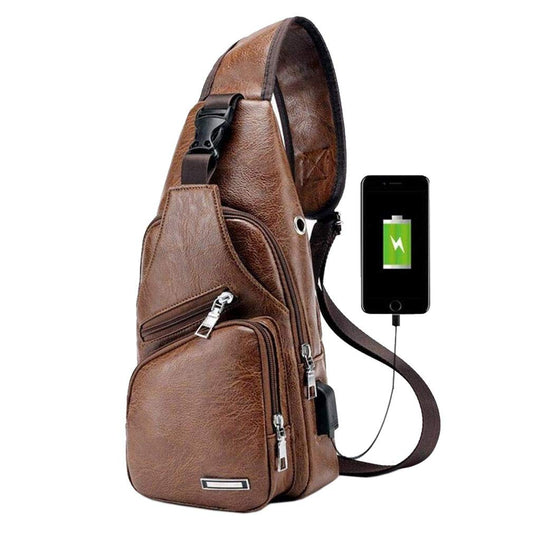 Hebetag PU Leather Sling Crossbody Bag for Men Women Small Shoulder Pack Cross Body Chest Bags with USB Charging Port Headphone Plug Outdoor Travel Hiking Camping Daypacks Brown