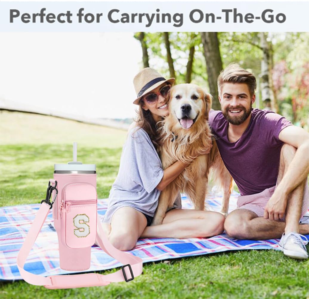 momocici Letter S Cup Carrier Bag with Strap & Pouch for Stanley Quencher 40oz Tumbler.Initial Cup Crossbody Holder Bag Compatible with Stanley Cup for Hiking Travelling Camping.(Rose Quartz)