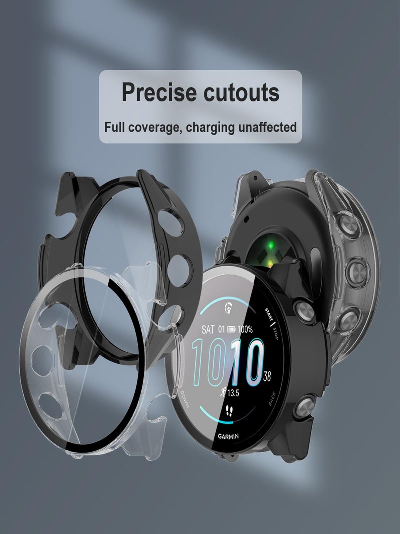 iDaPro [3Pack Clear Screen Protector Case for Garmin Forerunner 570 47mm,Full Protective Cover with Built-in 9H Tempered Glass &4 Silicone Dust Plugs,Hard PC Shell,Complete Protection for Running,Gym