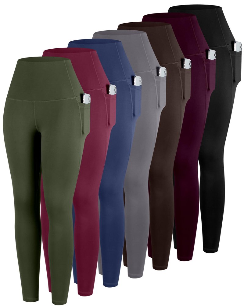 ATHVOTAR Leggings with Pockets for Women, 7 Packs High Waisted Workout Tummy Control Yoga Pants Black/Gray/Navy/Burgundy/Army Green/Dark Brown/Cassis XL