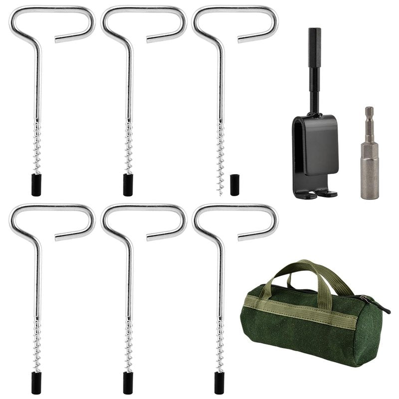 Ice Anchor Tool Kit, Ice Fishing Tent Stakes & Nails with Drill Adapter, Stainless Steel Auger Accessories Set with Threaded Gear & Protective Bag for Camping Shelters and Shanties