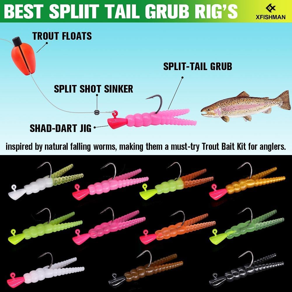Trout Fishing Lure Kit - 165-Piece Set with Split Tail Grub Worms, Shad Dart Jig Heads & Floats | Ideal for Creek & River Fishing