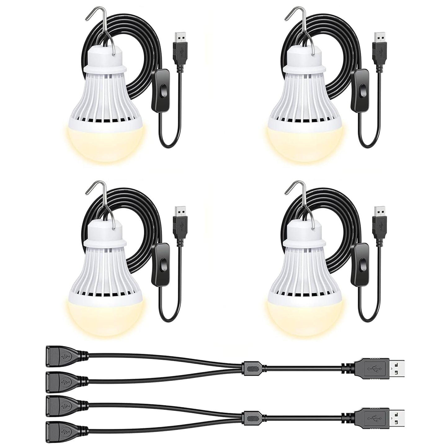 4 Pack USB Light Bulb, USB LED Camping Light Lantern, 8.2 ft Extra Length Cord Tent Light with USB Y-Cable, Portable LED Bulb for Garage Warehouse Car Truck Fishing Boat Room Emergency Light, Warm