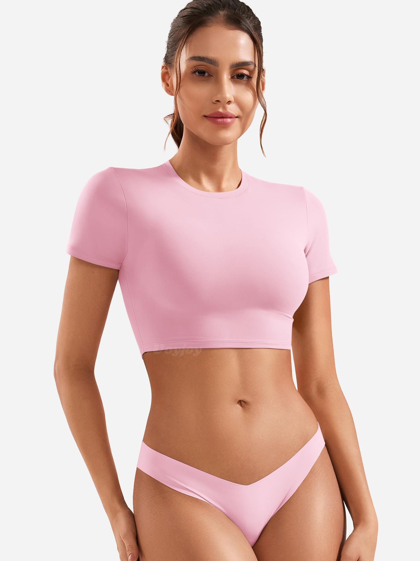 VOYJOY Womens Double Lined Fitted Short Sleeve Crop Tops Crew Neck Tee