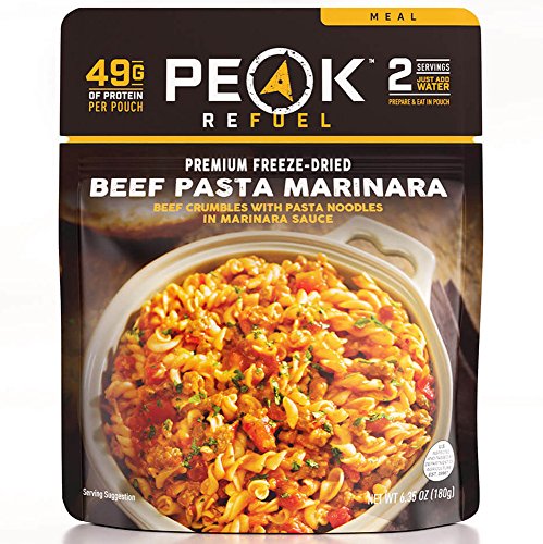 Peak Refuel Beef Pasta Marinara | 49g Protein | 1040 Calories | 100% Real Meat | Premium Freeze Dried Backpacking & Camping Food | 2 Servings | Ideal MRE Survival Meal (2 Serving Pouch)