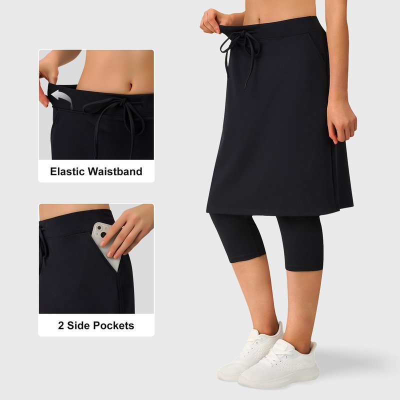 ANIVIVO Skirted Leggings for Women with Pockets,Athletic 22" Knee Length Skirt with Capri Leggings(Black,L)