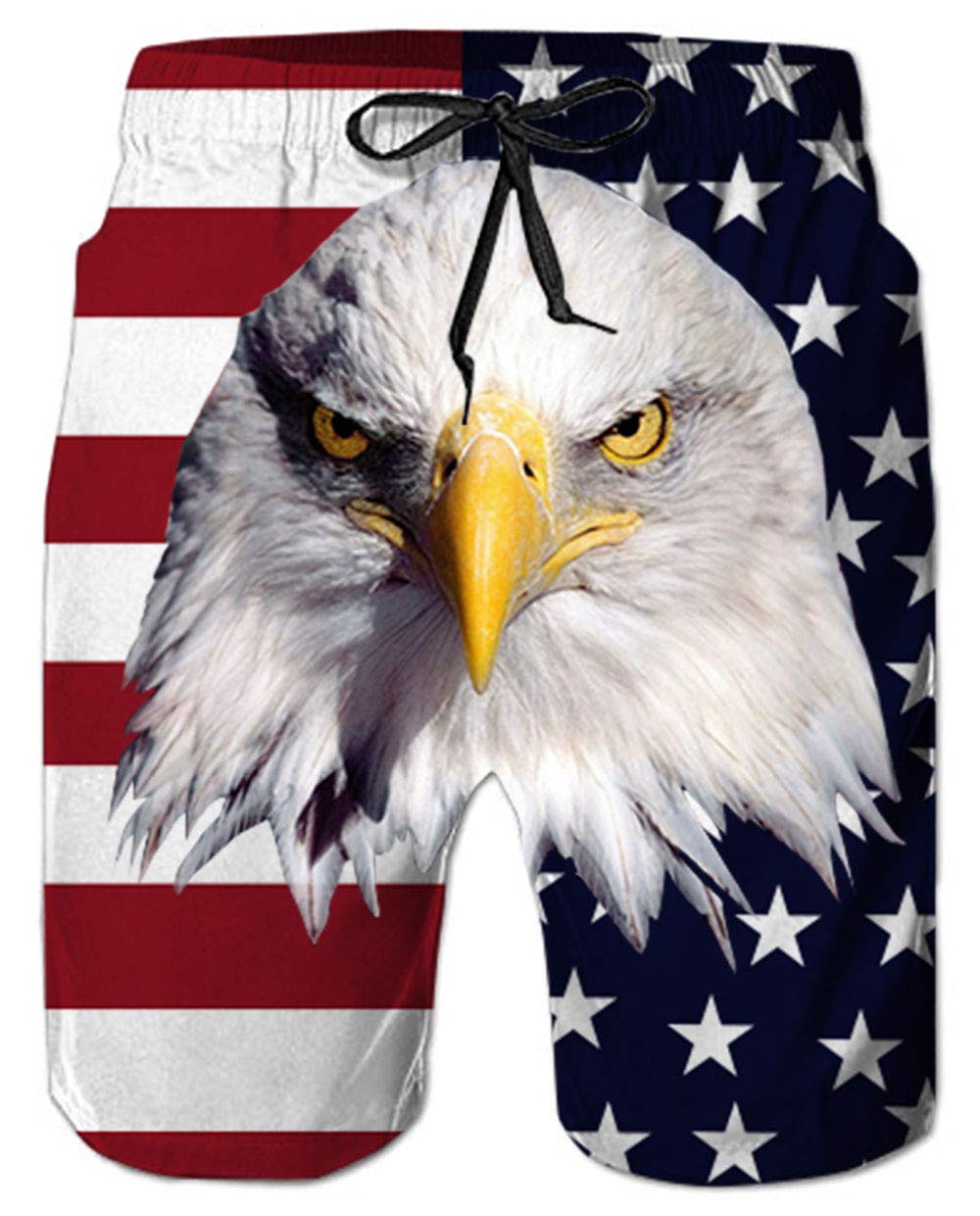 Quick Dry USA Flag Beach Board Shorts for Men Novelty Hawk Animal Graphics Mesh Lining Swimming Trunks with Two Side Pocket 90s Guys Summer Lightweight Comfy Elastic Waist Long Sports Pant，Patriotic M