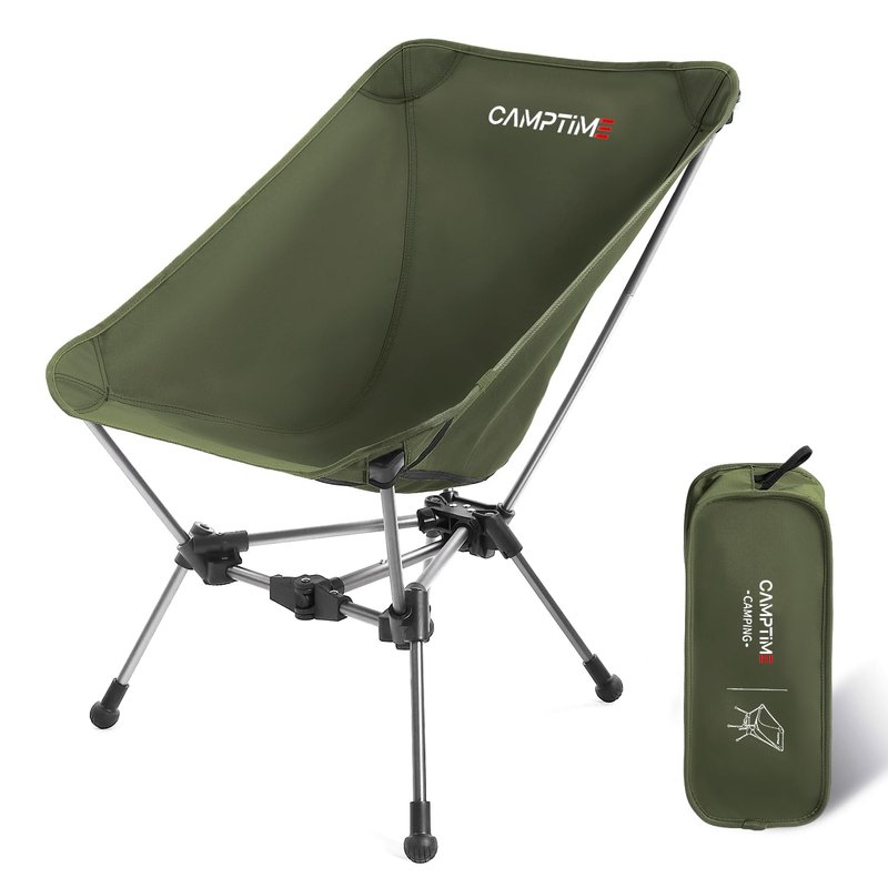 Camptime Portable Camping Chair, Lightweight Compact Backpacking Chair with Side Pocket, Wide Seat Folding Chair for Camping, Hiking, Beach - Supports 330Lbs, Black