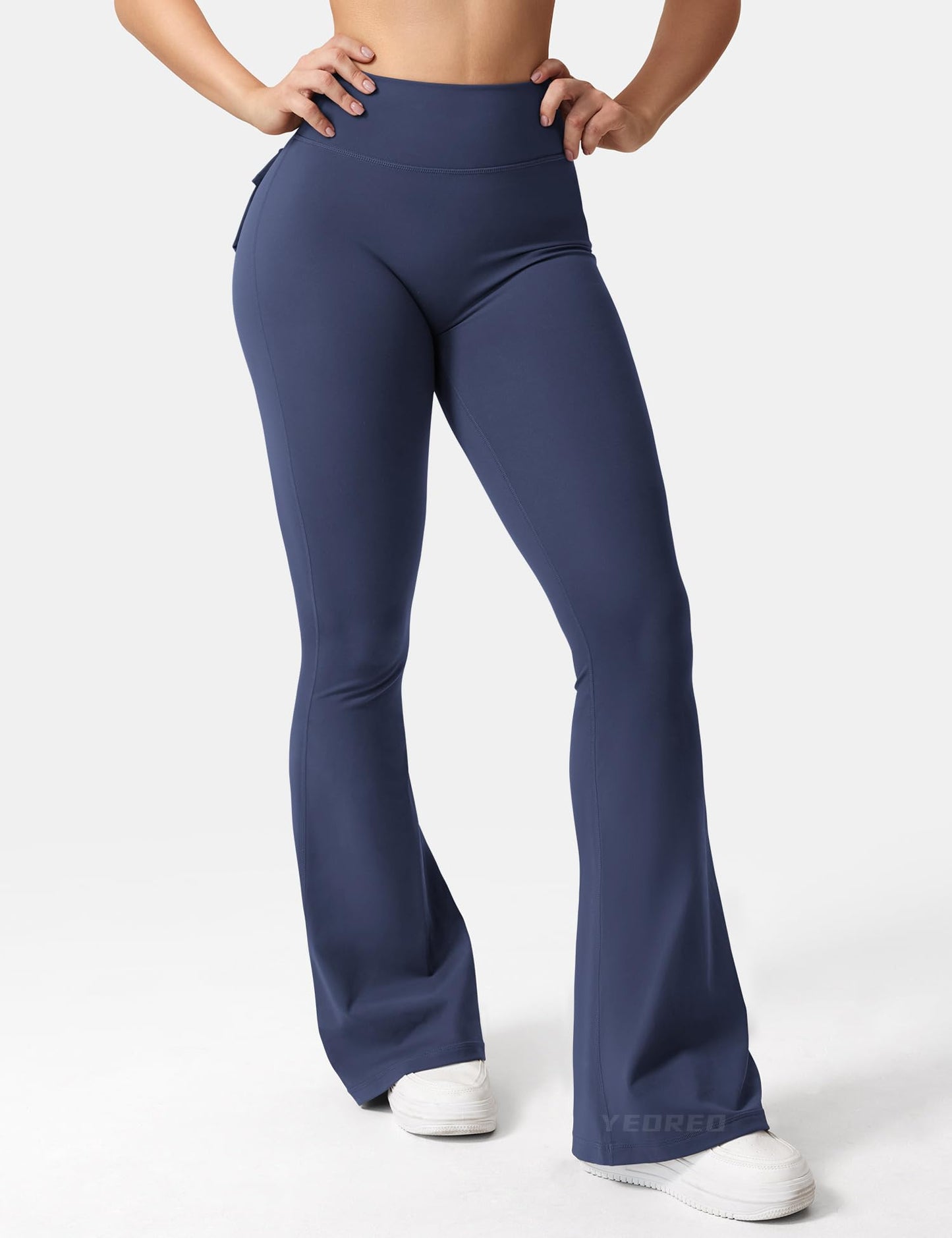 YEOREO CoreFlex Flare Leggings with Pockets for Women Scrunch Workout Leggings Butt Lifting Gym Yoga Pants Navy Blue