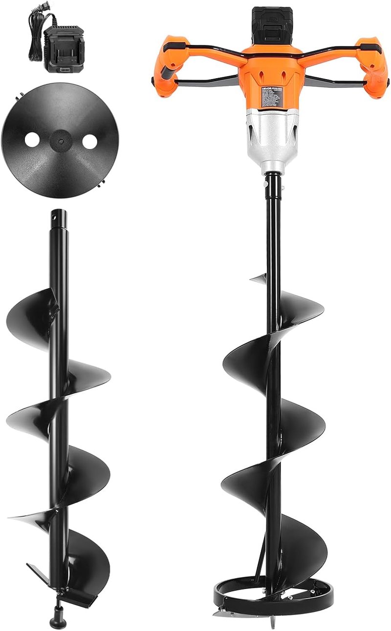 VEVOR Electric Ice Auger - 8 Inch Diameter, 20V/40V Battery Powered, Turbo Cutting System | 2-in-1 Ice Fishing & Earth Auger