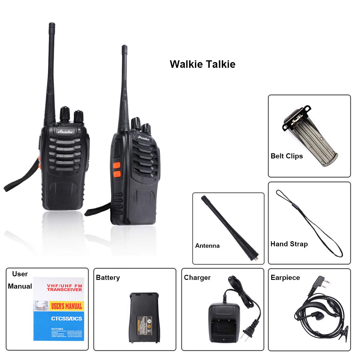 Ansoko Walkie Talkies Rechargeable Long Range Two Way Radios 16-Channel with Earpiece Battery n Charger (3 Pack)