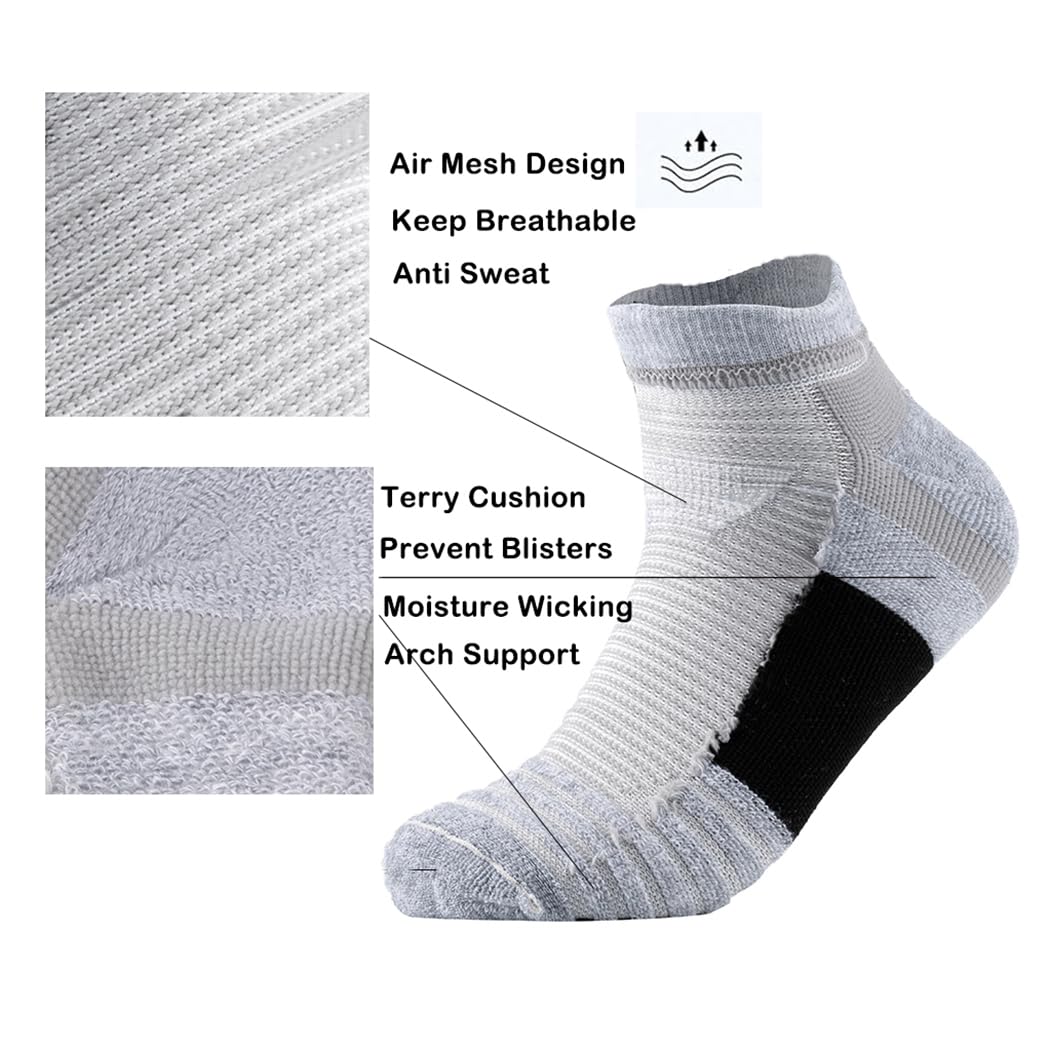 GLENMEARL Mens Womens Athletic Ankle Socks Compression Cushion Padded Arch Support Moisture Wicking Low Cut Socks for Running Walking Cycling Hiking Sport Unisex Adult 6 Pack Black Size 10-13