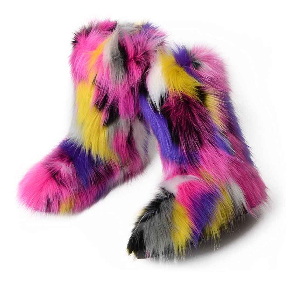 ZOSCGJMY Faux Fur Boots for Women Fuzzy Fluffy Furry Round Toe Suede Winter Snow Boots Flat Shoes Multicolor-6 10