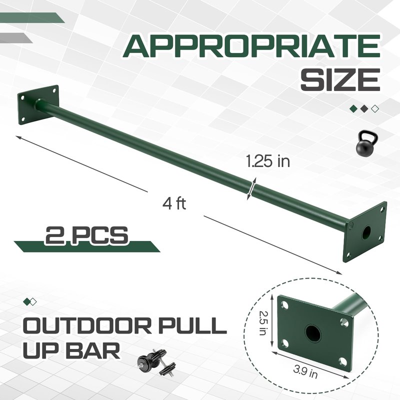 Zonon 2 Pcs Heavy Duty Outdoor Pull up Bars Heavy Strength Training Chin up Bars for Home Gyms Full Body Exercise Support 440 Lbs, Installed on 4 x 4, 4 x 6 or 6 x 6 Posts(Not Included), Green