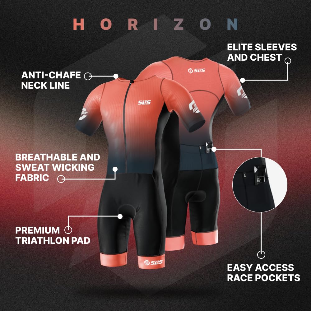 SLS3 Triathlon Suits Mens Elite Aero Tri Suit Men - Trisuit Triathlon - Full Zip, Aero Sleeves, Internal and Rear Pockets (Horizon, Large)