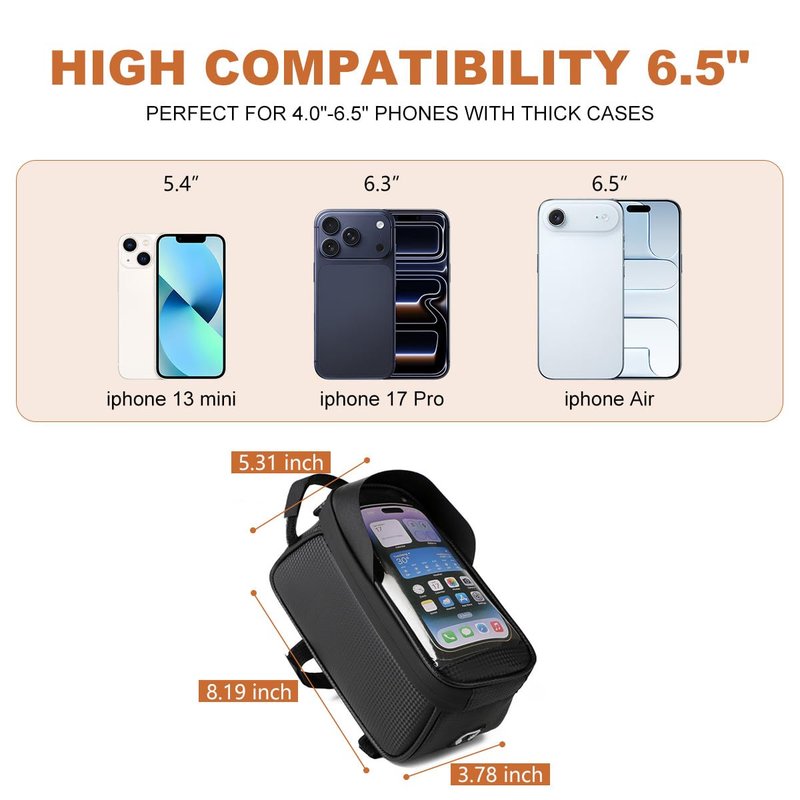 Qisan 1.7 L Capacity Leather Front Bike Bag Frame Motorcycle Accessories for Riding | 6.5" Motorcycle Phone Mount E-Bike Accessories for Men | Bicycle Top Tube Bag Cycling Pouch with Rain Cover