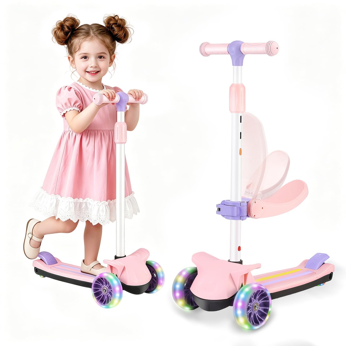 Wheelive 2 in 1 Kids Scooter with Removable Seat, Light up 3 Wheels Kick Scooter with 4 Adjustable Height Toddler Scooters Sit or Stand Ride for Boys & Girls 2-10 Years Old（Pink）