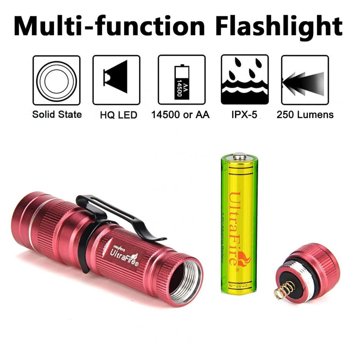 ULTRAFIRE Small Tactical LED Flashlight with AA Battery, 300 Lumens 3 Modes Adjustable Focus Bright Mini EDC Flashlight for Kids Camping Outdoor, J3 (Pink)