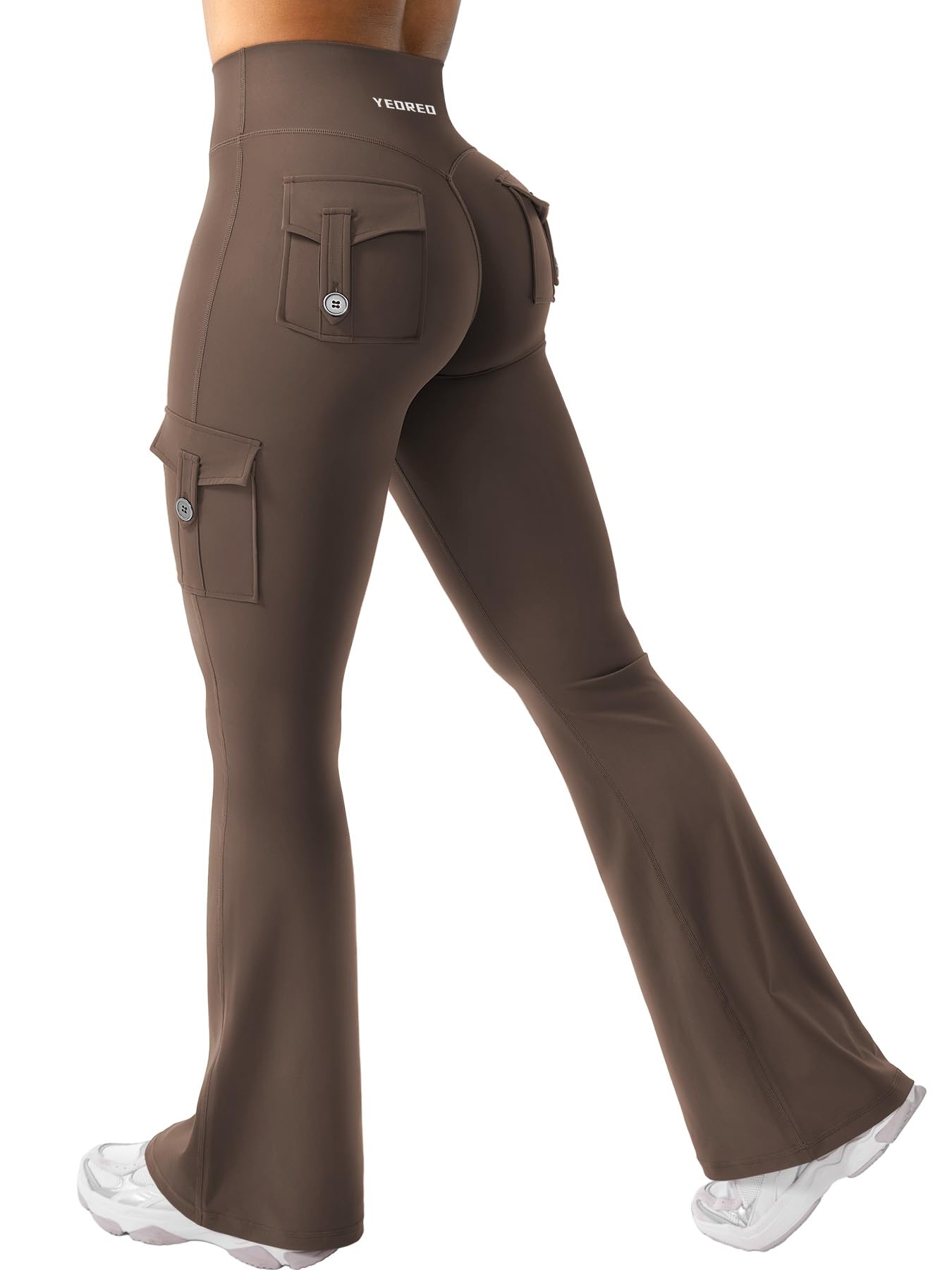 YEOREO CoreFlex Women Workout Flare Leggings with Pockets Hidden Scrunch High Waisted Cargo Gym Yoga Leggings Coffee S
