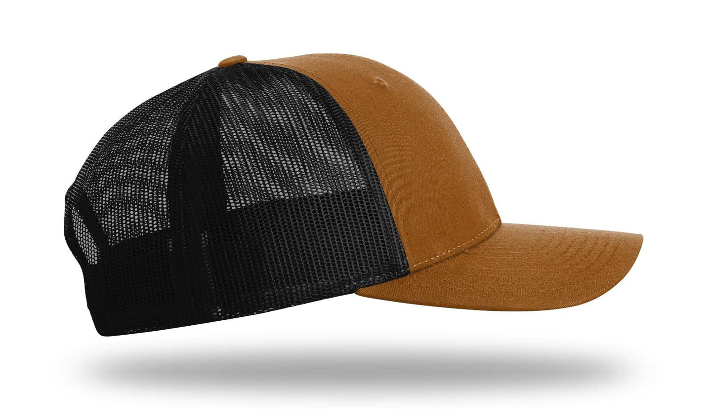 Richardson 115 Low Profile Trucker Hat Snapback Cap Adjustable Baseball Hat Blank Hat Bulk Hats - Caramel/Black