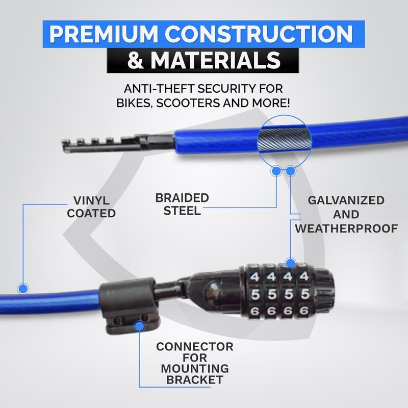 DocksLocks Anti-Theft Security Cable Lock, Blue, 2ft, Combination Lock, Weather Resistant, Portable