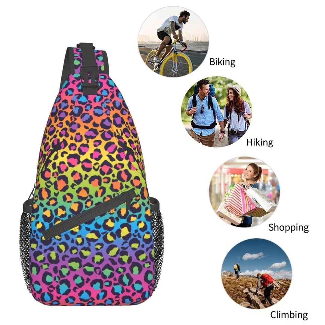 SURERUIM Rainbow Leopard Print Sling Bag for Women Men Crossbody Shoulder Backpack Colorful Leopard Natural Fur Texture Wildlife Animal Skin Chest Bags Cute Cheetah Print Travel Hiking Daypack