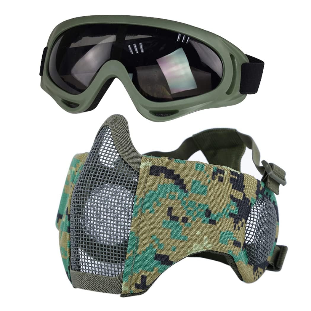 Yzpacc Airsoft Mask with Goggles, Foldable Half Face Airsoft Mesh Mask with Ear Protection for Paintball Shooting CS Game