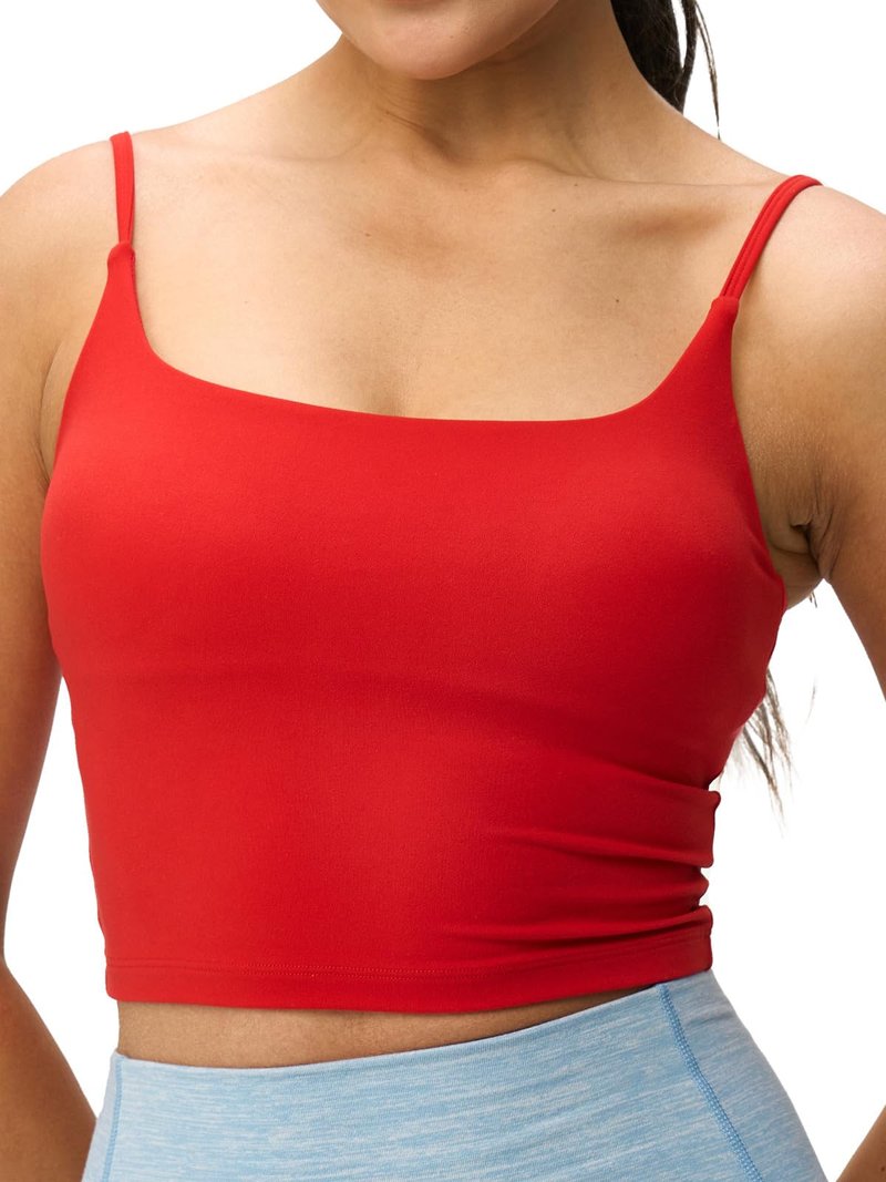 Omwilddo Womens Scoop Neck Longline Padded Sports Bra Adjustable Strappy Butter Workout Crop Tank Top,Light Compression Red S