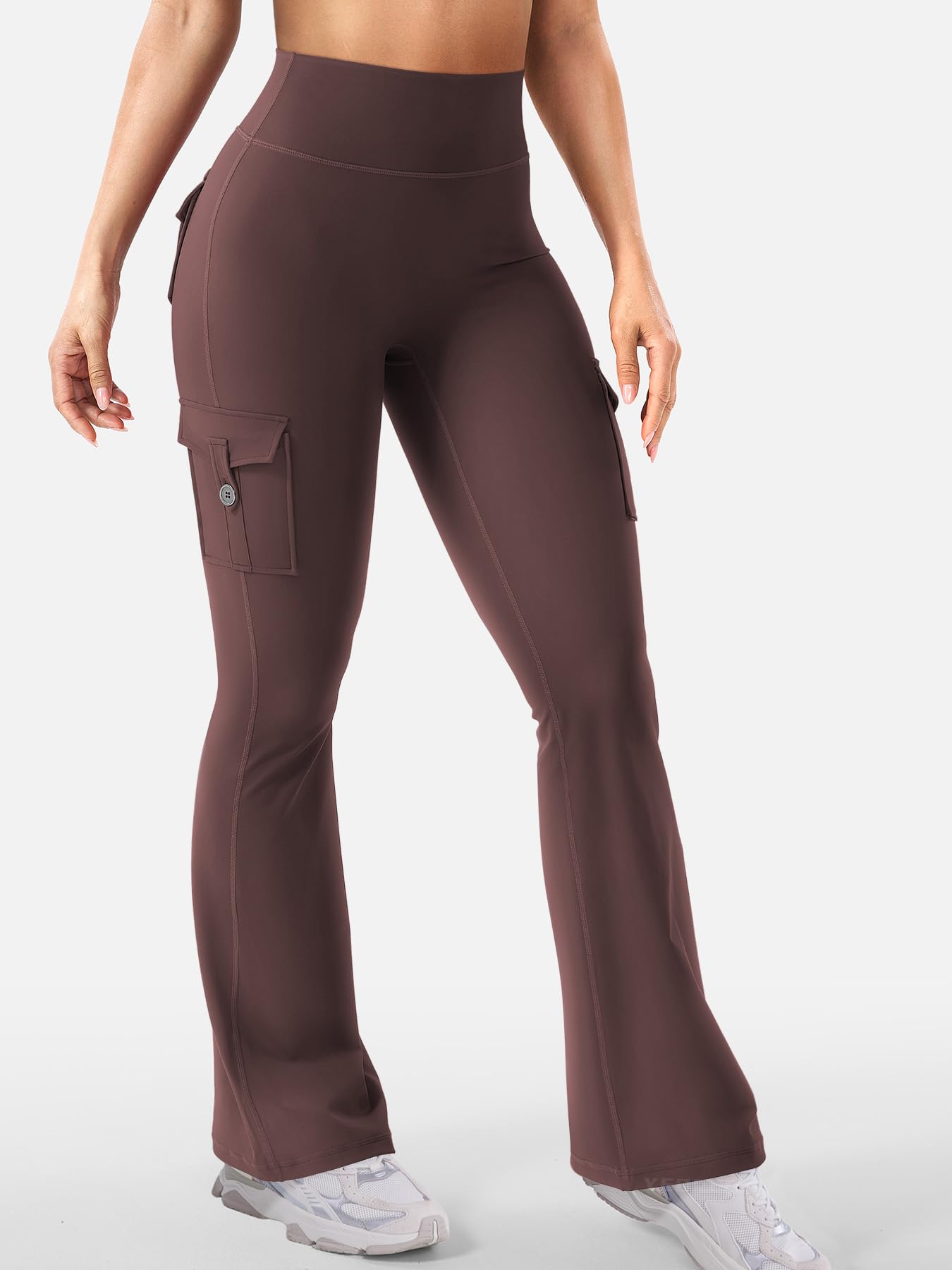 YEOREO CoreFlex Women Workout Flare Leggings with Pockets Hidden Scrunch High Waisted Cargo Gym Yoga No Front Seam Leggings Brown XL