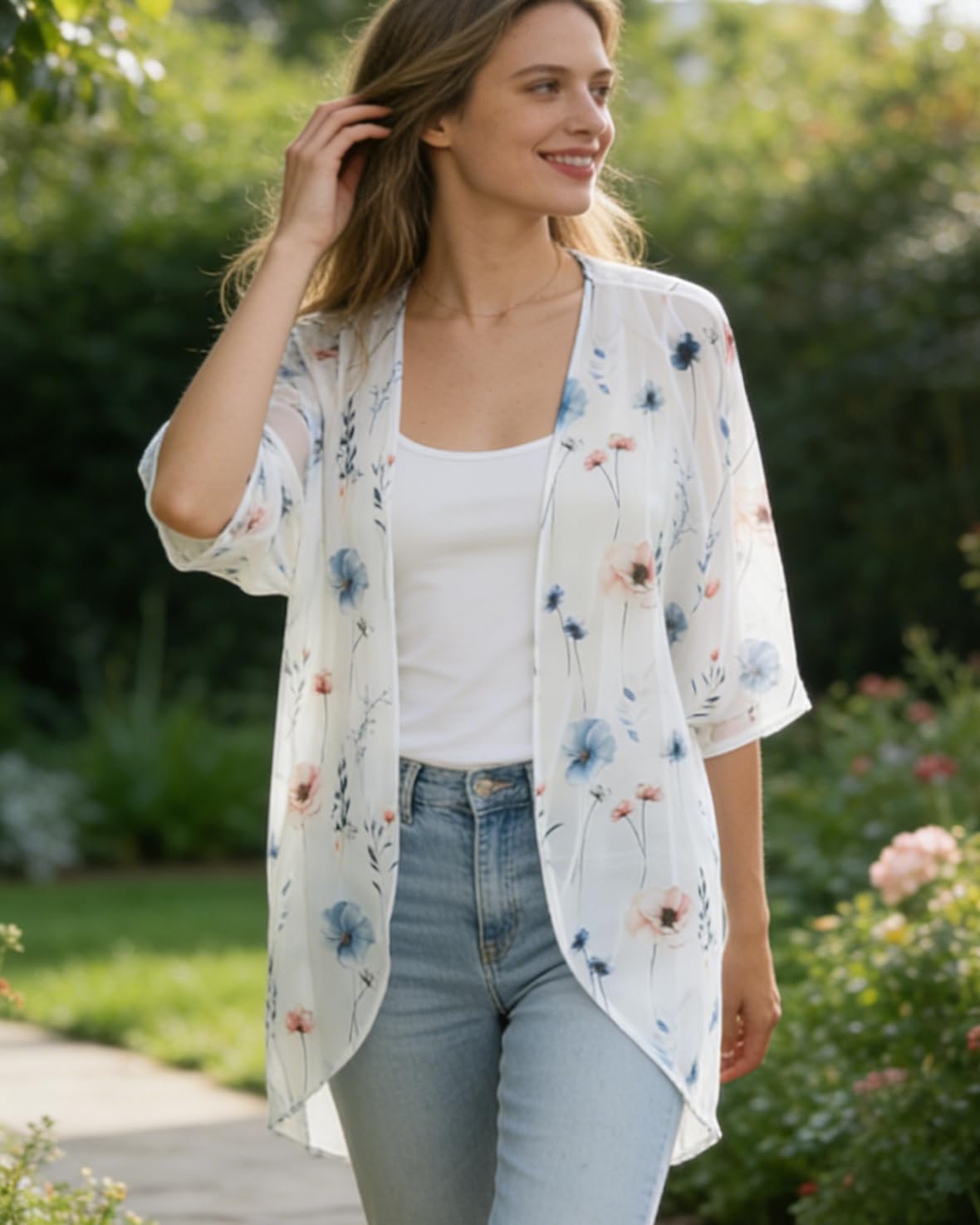 Women's Floral Kimono Cardigan Cover Up Casual Tops,White Blue Flower,3XL
