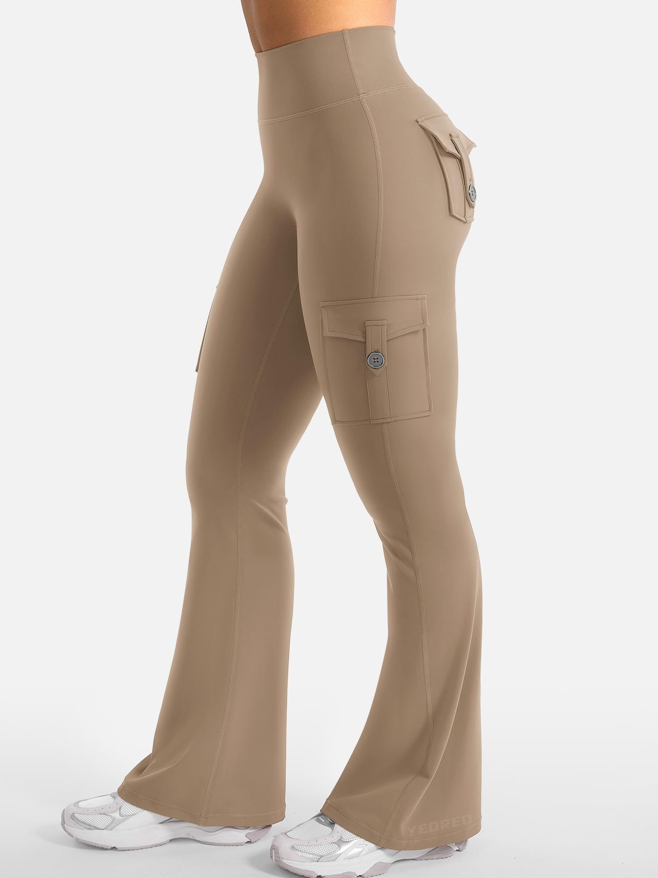 YEOREO CoreFlex Women Workout Flare Leggings with Pockets Hidden Scrunch High Waisted Cargo Gym Yoga Leggings Light Brown XL