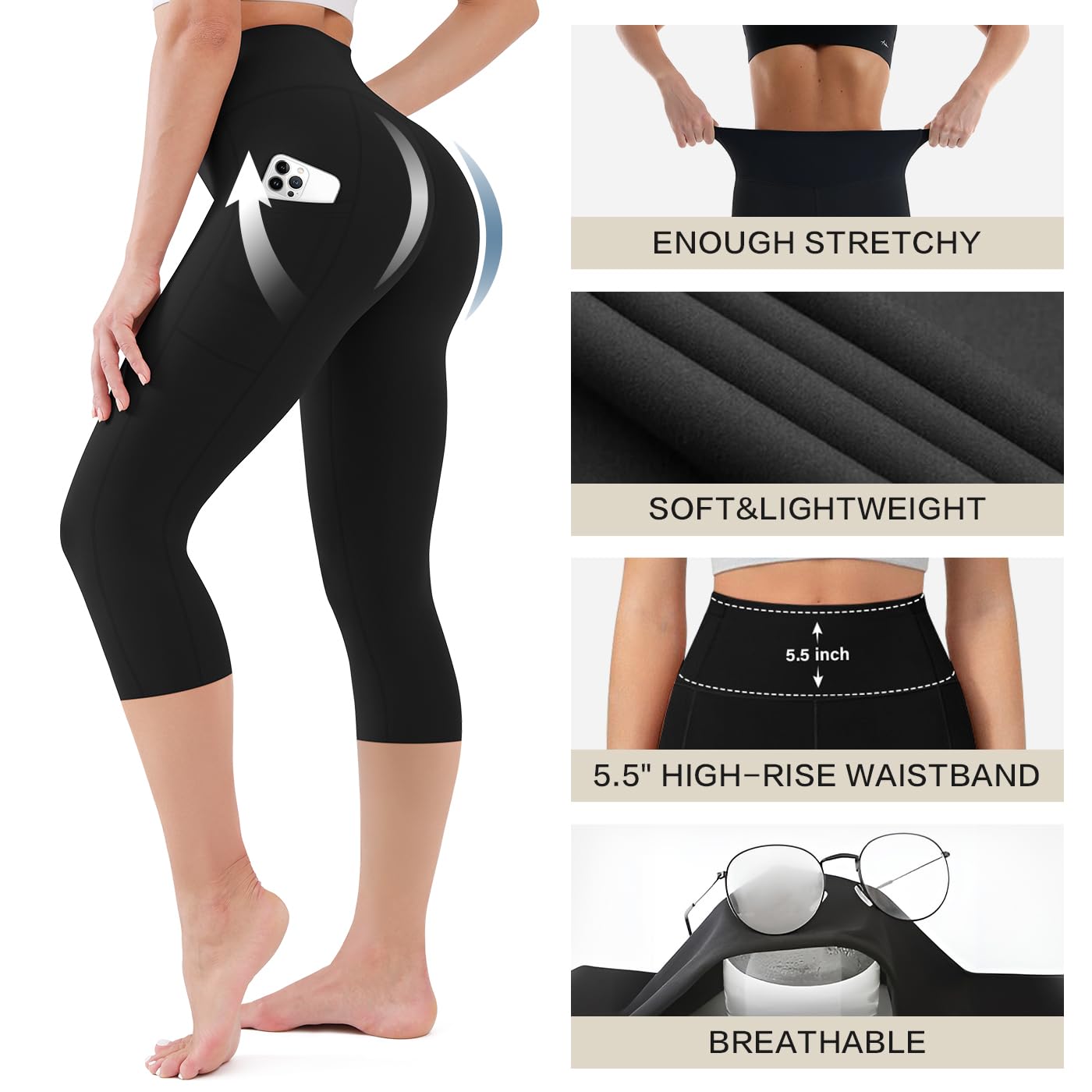 Blisset Women's High Waisted Capri Buttery Soft Tummy Control No See Through Workout Athletic Running Yoga Cycling