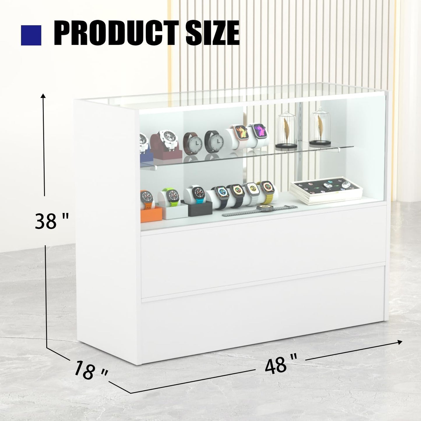 White Retail Display Case - 48” W x 18” D x 38” H | Illuminated Glass Showcase with Storage
