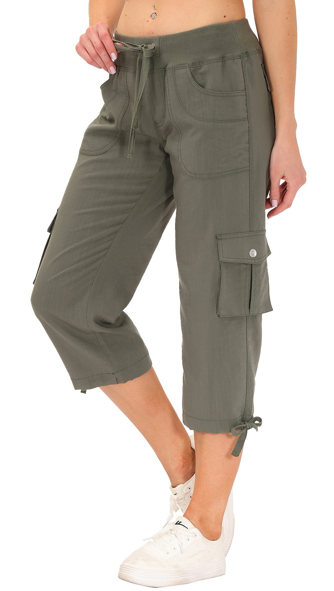 MoFiz Women's Cargo Capris Hiking Pants Lightweight Quick Dry Running Outdoor Casual Shorts Button Pockets UPF 50+ Army Green S