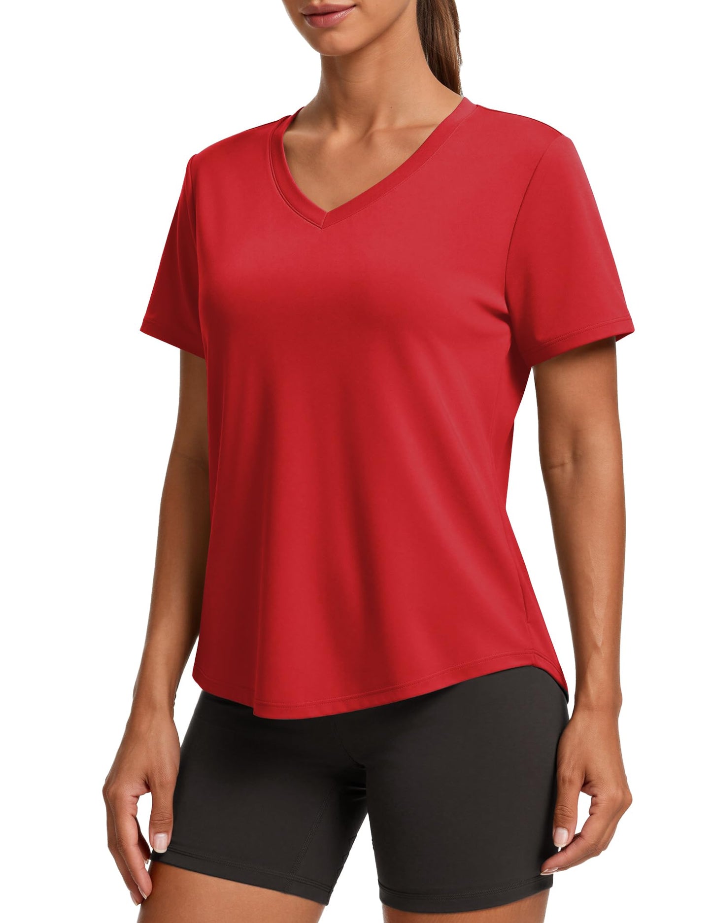 PINSPARK Gym Shirts for Women Short Sleeve V Neck Workout Tops Moisture Wicking Athletic T-Shirts Quick Dry Fitness Exercise,Red X-Large