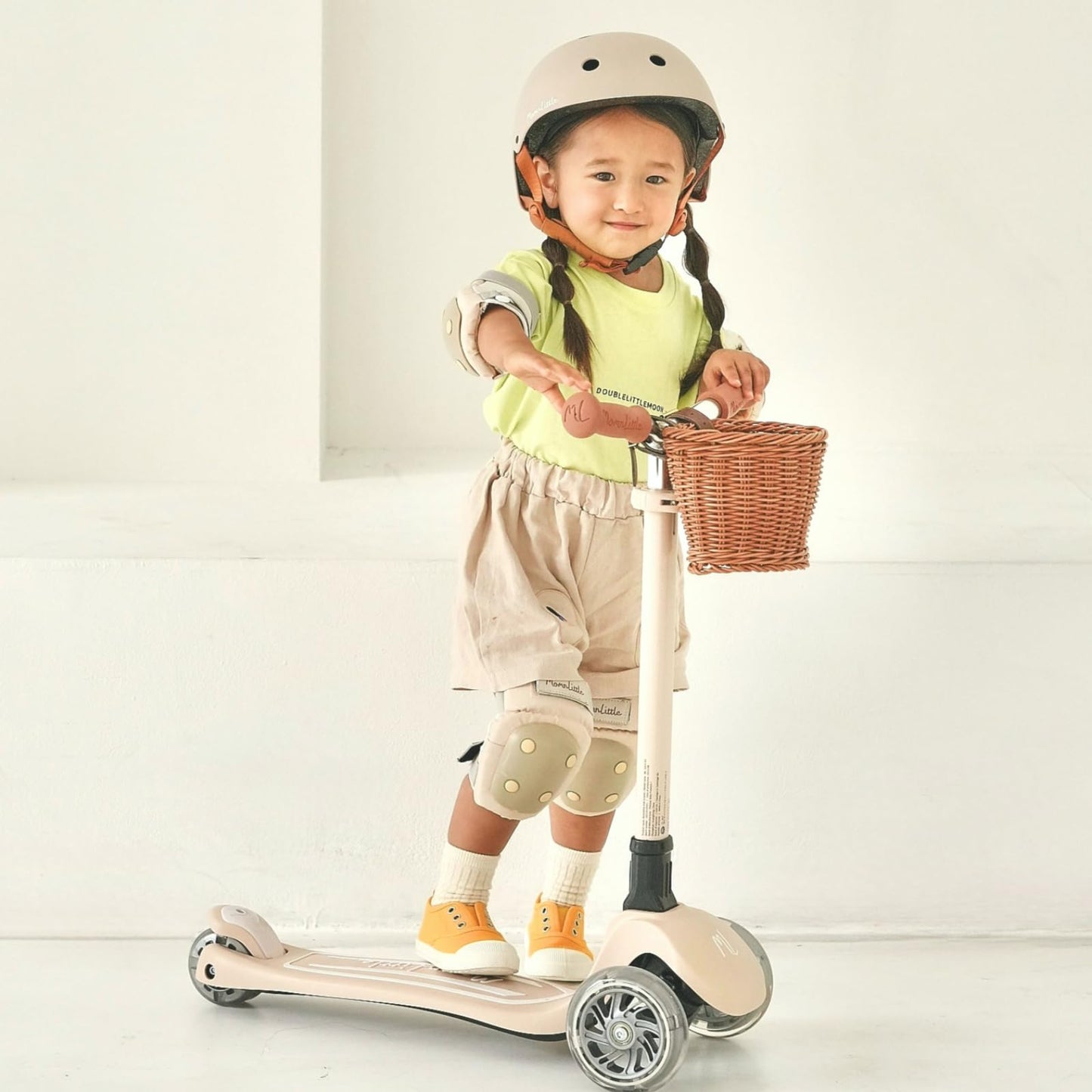 MomnLittle Kick Scooter for Kids Ages 3-10 (Beige) 3 Wheeled with LED Light-Up Wheels CPSC Certified Foldable and 4 Height Adjustable Toddler Scooters for Boys Girls