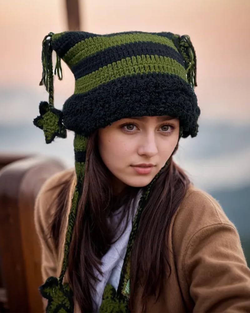 Crochet Hats for Women Y2k Beanies Women's Knitted Cat Ear Hat Crochet Hat for Women Y2k Accessories Black Green with Pendant
