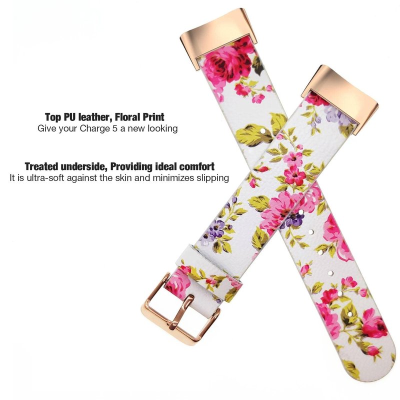 Abanen Leather Bands for Fitbit Charge 5, Floral Print Soft Leather Women Wristband Strap with Stainless Steel Quick Release Compatible with Fitbit Charge 5 (White)