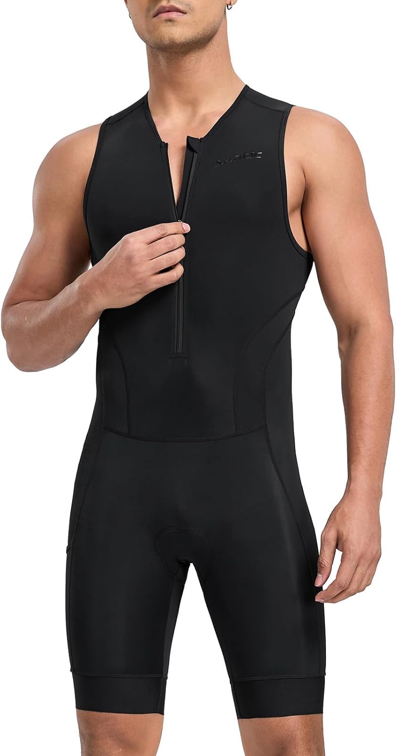 Santic Men's Triathlon Suit - Sleeveless Padded Skinsuit for Quick-Dry Swim, Bike & Run | With Pockets