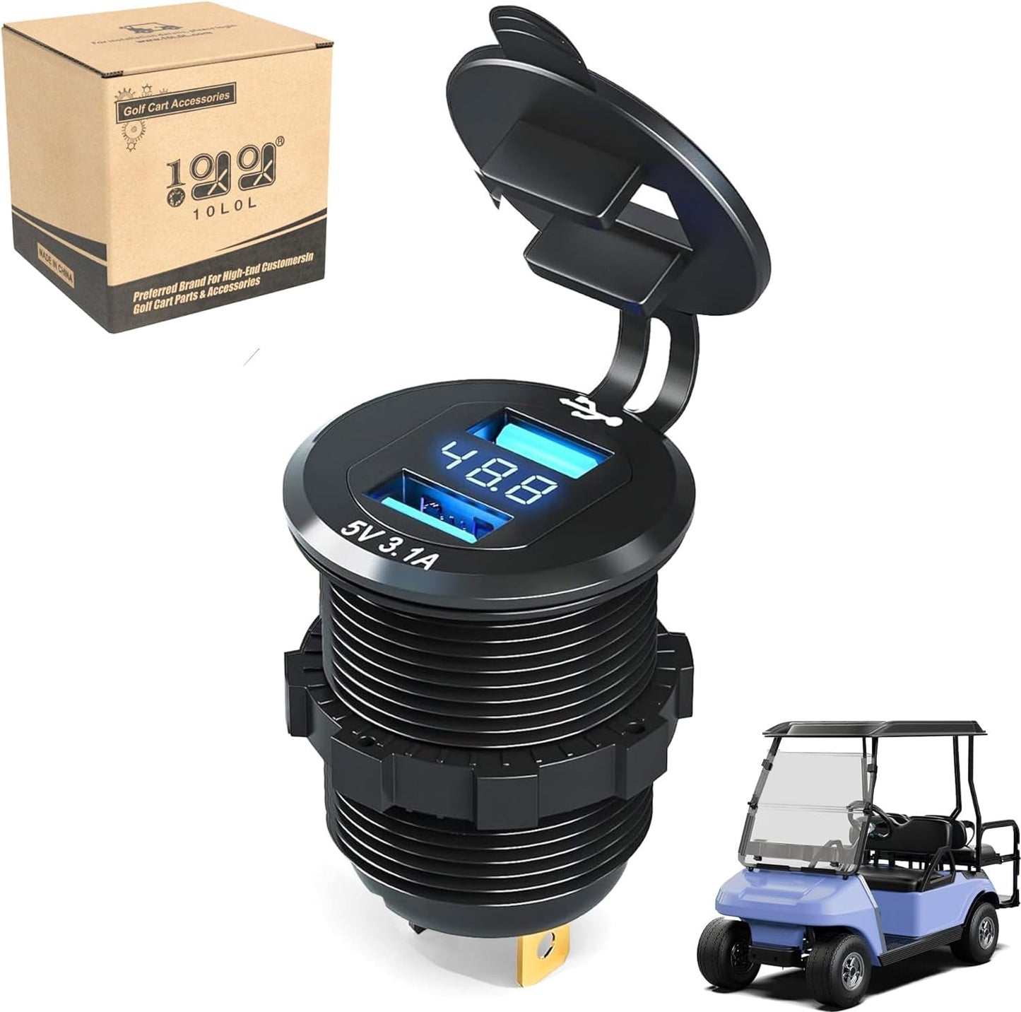 10L0L Universal 48V Golf-Cart-USB-Charger-Adapter with LED Digital Display, Dual Port 3.1A Quick Charge Fast Charging Power Socket for Club Car, EZGO, Yamaha – Phone Charging Port