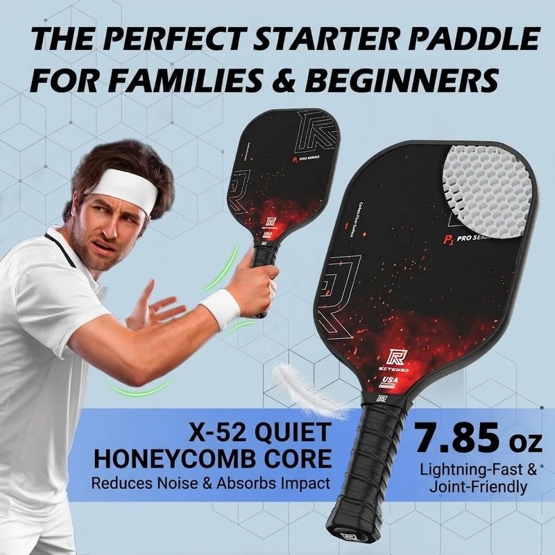 Ritzmed USAPA Approved Pickleball Paddles Set of 4 - T-300 Carbon Fiber Hybrid for Soft Touch & Control - Quiet Lightweight Core - Complete Starter Kit with Bag & Balls for Family & Beginners