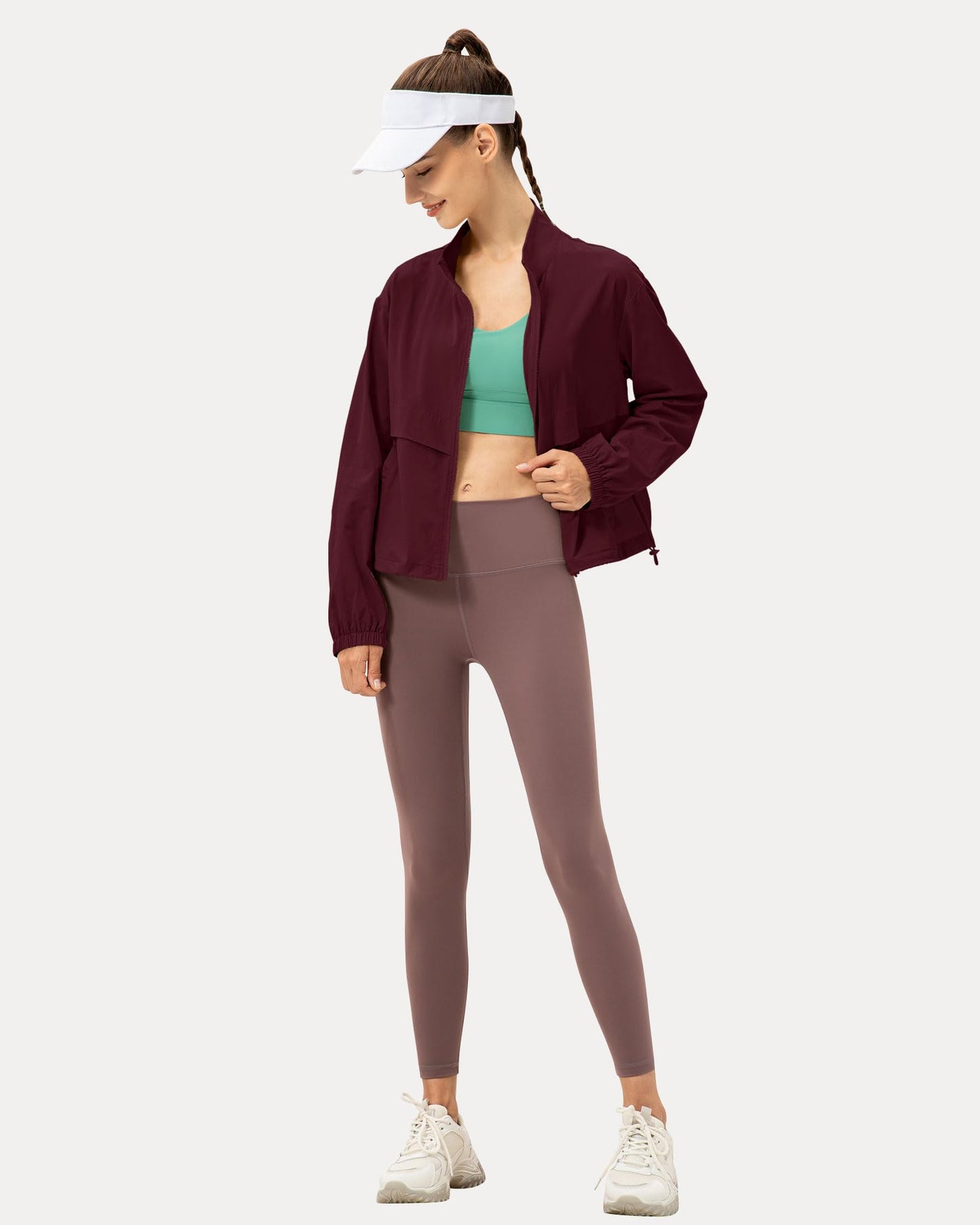 Locachy Women's Lightweight Zip Up Athletic Jacket Stand Collar Windproof Sun Protection Workout Outdoor Jacket Burgundy M